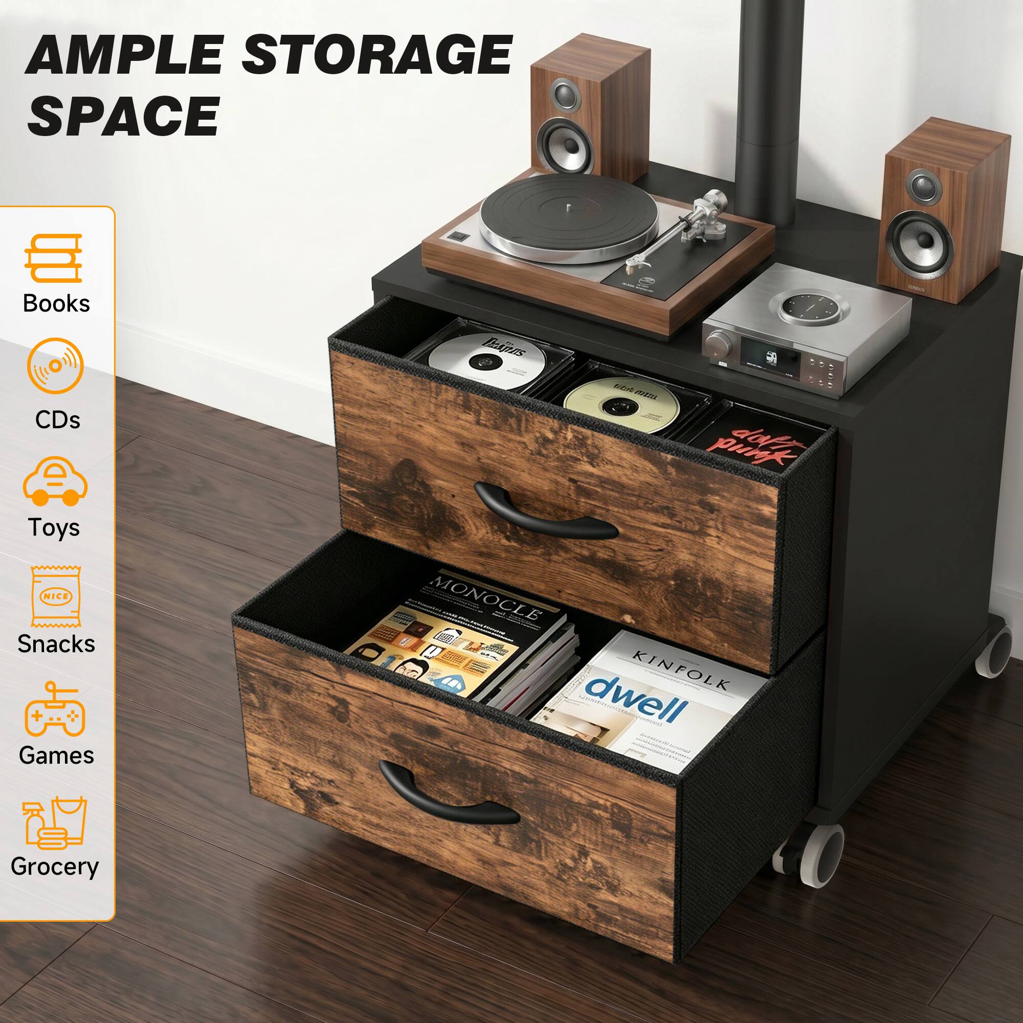 AMPLE STORAGE SPACE

Books
CDs
Toys
Snacks
Games
Grocery

FRAILES 6
punk daft MONOCLE dwell KINFOLK FFF