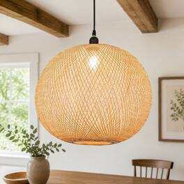RYHNUYNE - Boho Round Rattan Pendant Ceiling Light, Hand-Woven Natural Bamboo Hanging Lamp for Dining Living Room - Beige