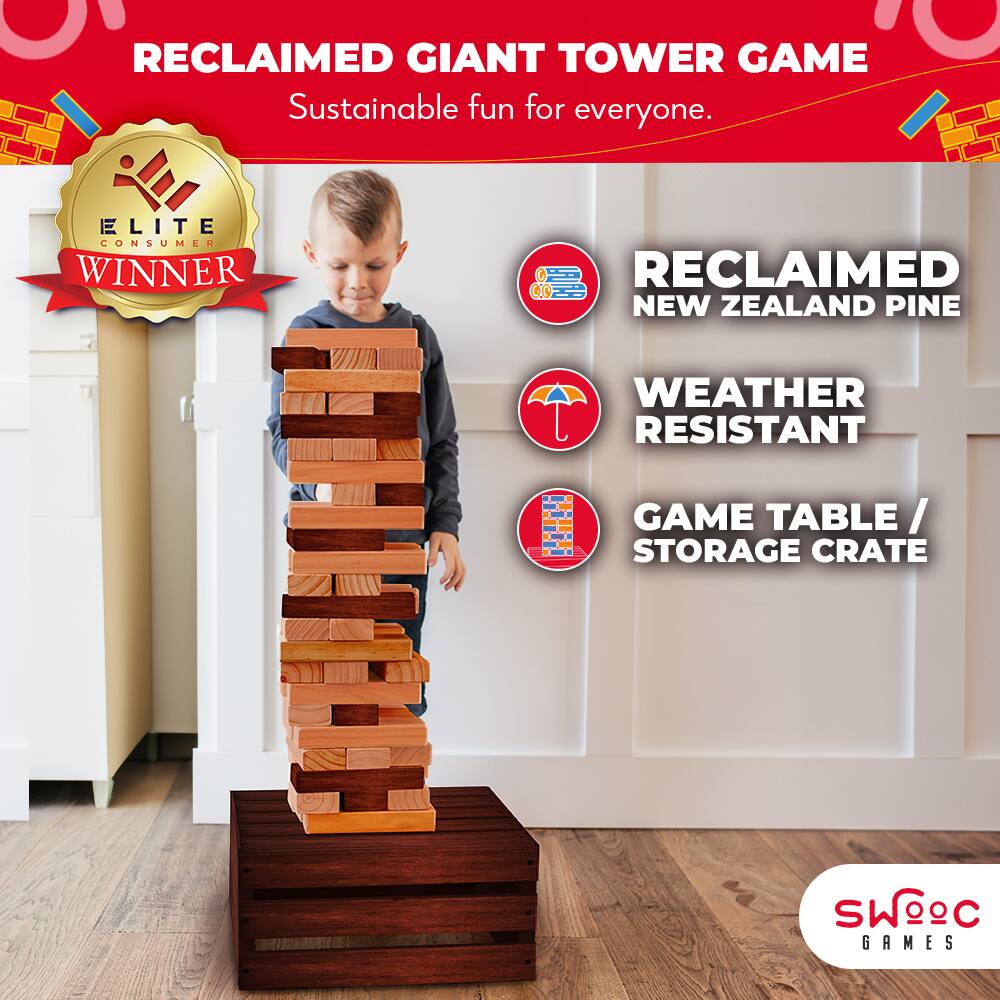 RECLAIMED GIANT TOWER GAME  
Sustainable fun for everyone.  

ELITE CONSUMER WINNER  

RECLAIMED NEW ZEALAND PINE  
WEATHER RESISTANT  
GAME TABLE / STORAGE CRATE  

SWCC GAMES