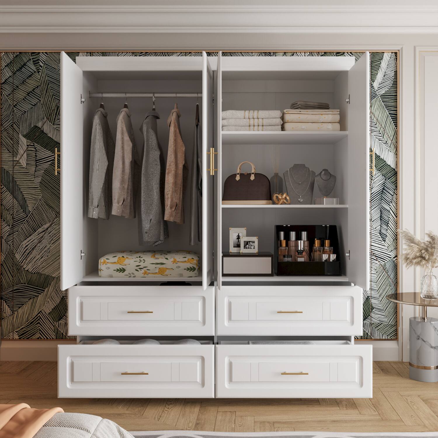 Angle. FUFU & GAGA - Modern 63" 4-Door Wardrobe Armoire with Hanging Rail and 4 Drawers – White & Gold - White.