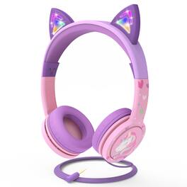 FosPower - Kids Headphones Wired, Over Ear Headphones for Kids with Cord, Cat Headset 3.5mm, Light Up LED Cat Ears, Pink/Lavender - Multicolored