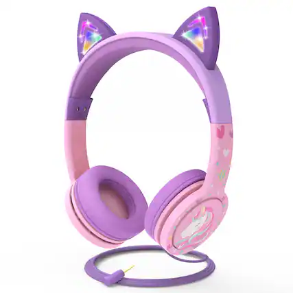 Front. FosPower - Kids Headphones Wired, Over Ear Headphones for Kids with Cord, Cat Headset 3.5mm, Light Up LED Cat Ears, Pink/Lavender - Multicolored.