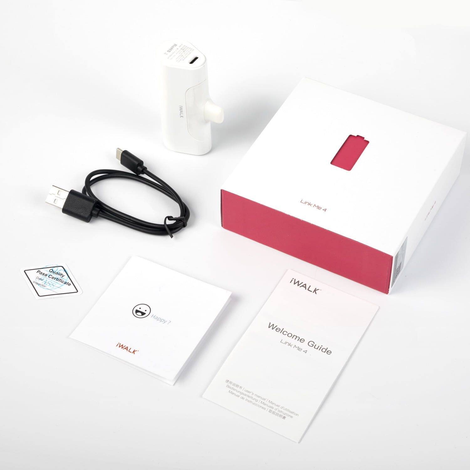 Sure, here is the corrected and grouped text from the image:

---

**iWALK**

**Link Me A**

**Welcome Guide**

**Link Me 4**

**Quality Pass Certificate**

**Happy?**

**iWALK**

**Decenue A Manual -**

**nertuna manual inatrucciones**

**Mn Menue o daore**

---

This text appears to be related to the packaging and documentation of a product, likely a charging device.