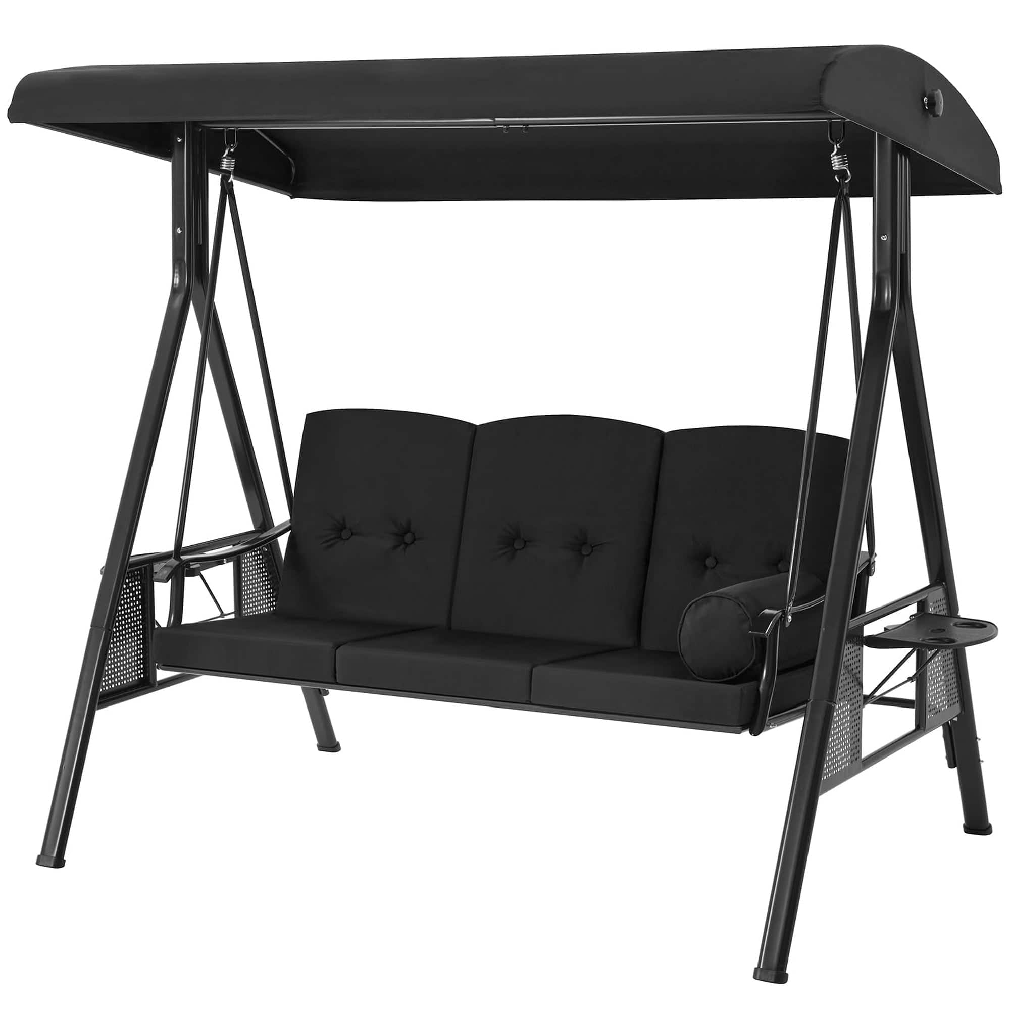 Boyel Living - 3 Person Metal Patio Swing with Removable Cushion and Cup Holder Outdoor Porch Swing Chair - Black