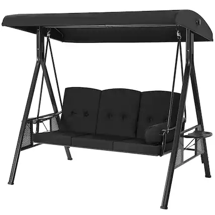 Front. Boyel Living - 3 Person Metal Patio Swing with Removable Cushion and Cup Holder Outdoor Porch Swing Chair - Black.