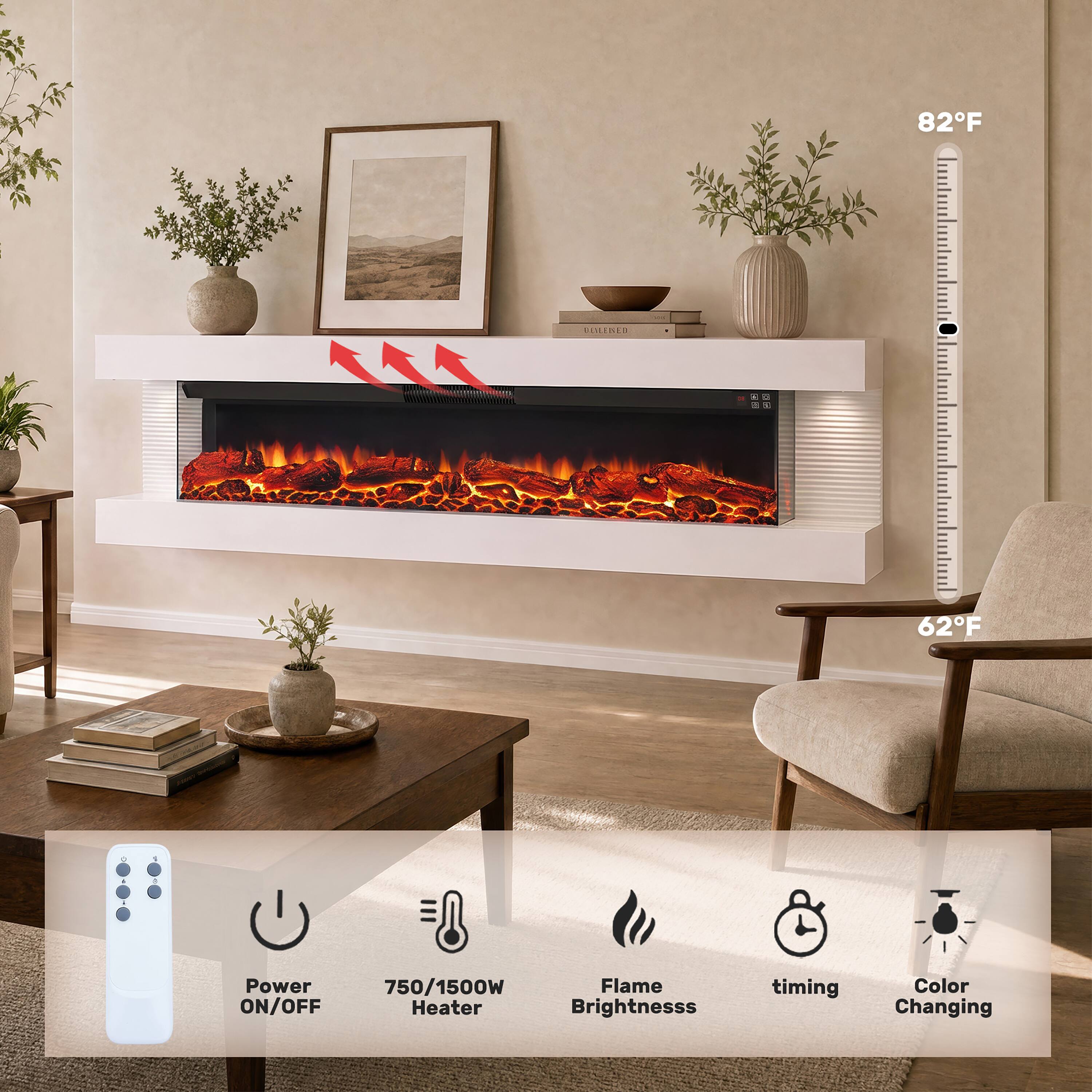 82°F  
BLILED  
0  
62°F  
4  
Power ON/OFF  
750/1500W Flame Heater Brightness  
timing  
Color Changing