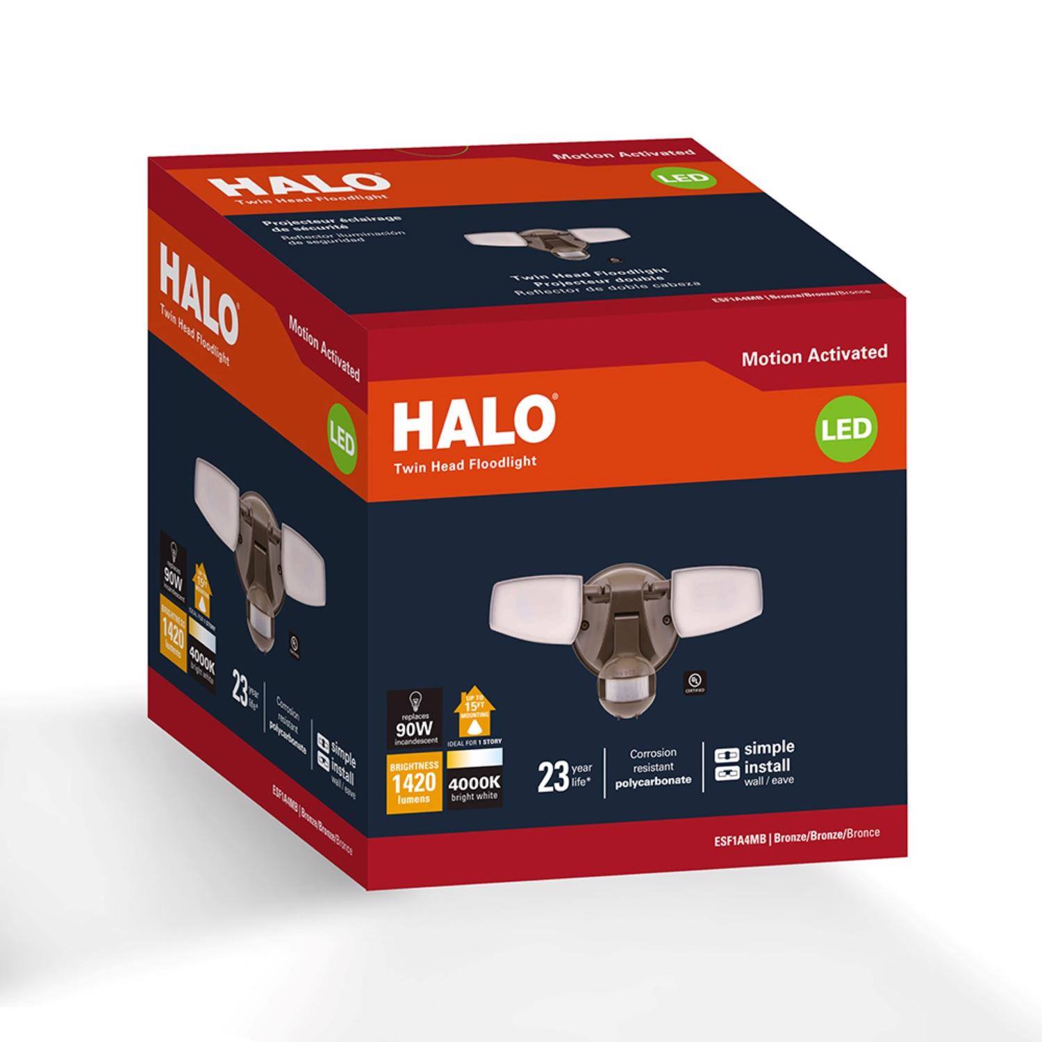 Motion Activated LED HALO Twin Head Floodlight  
1420 Lumens  
90W  
4000K Bright White  
23 Year Life*  
Corrosion Resistant Polycarbonate  
Simple Install  
Wall/Eave  
ESF1A4MB Bronze/Bronze/Bronze