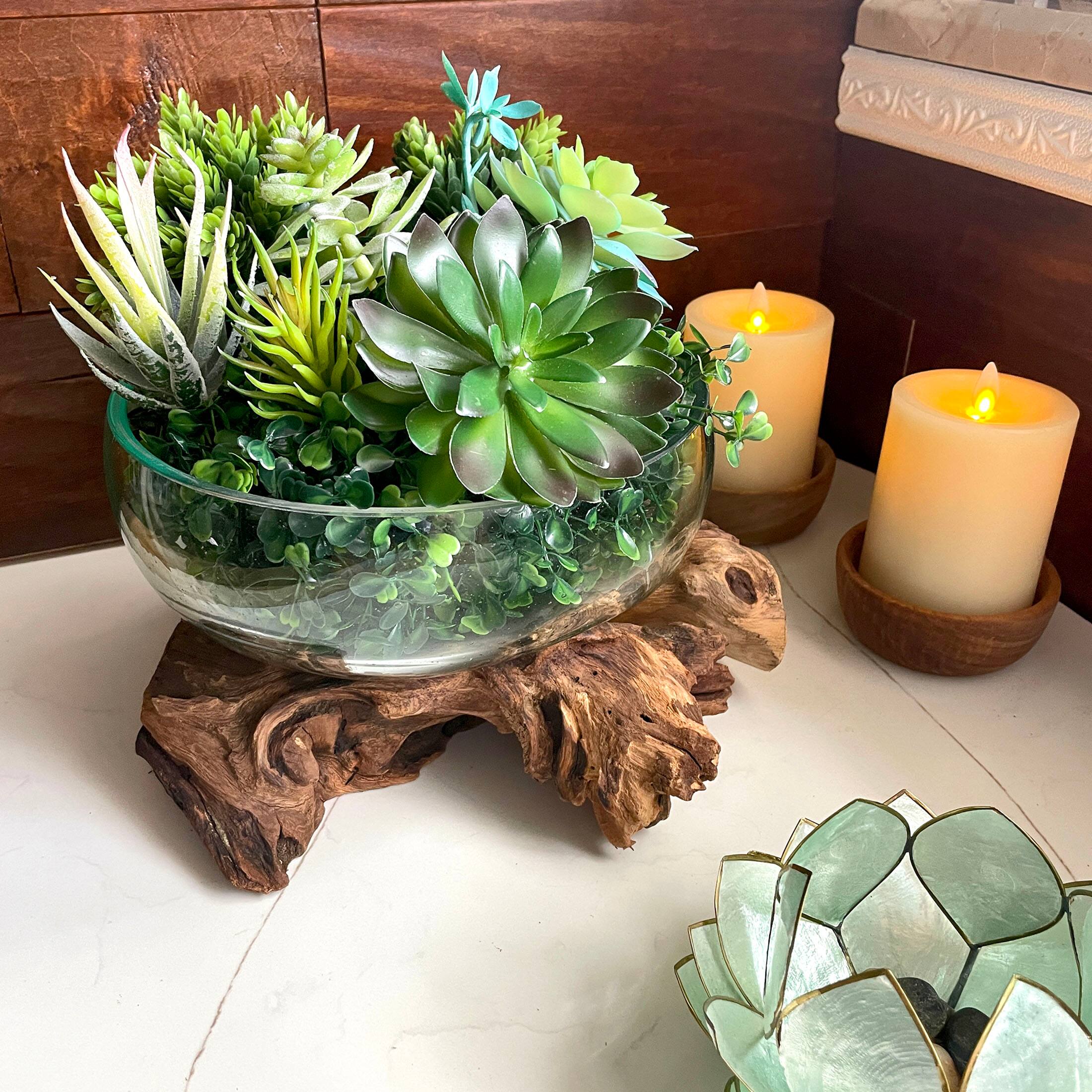 Alt View 3. Things2Die4 - Molten Glass Bowl on Driftwood 10" Hand Blown Decorative Centerpiece Planter - Natural.