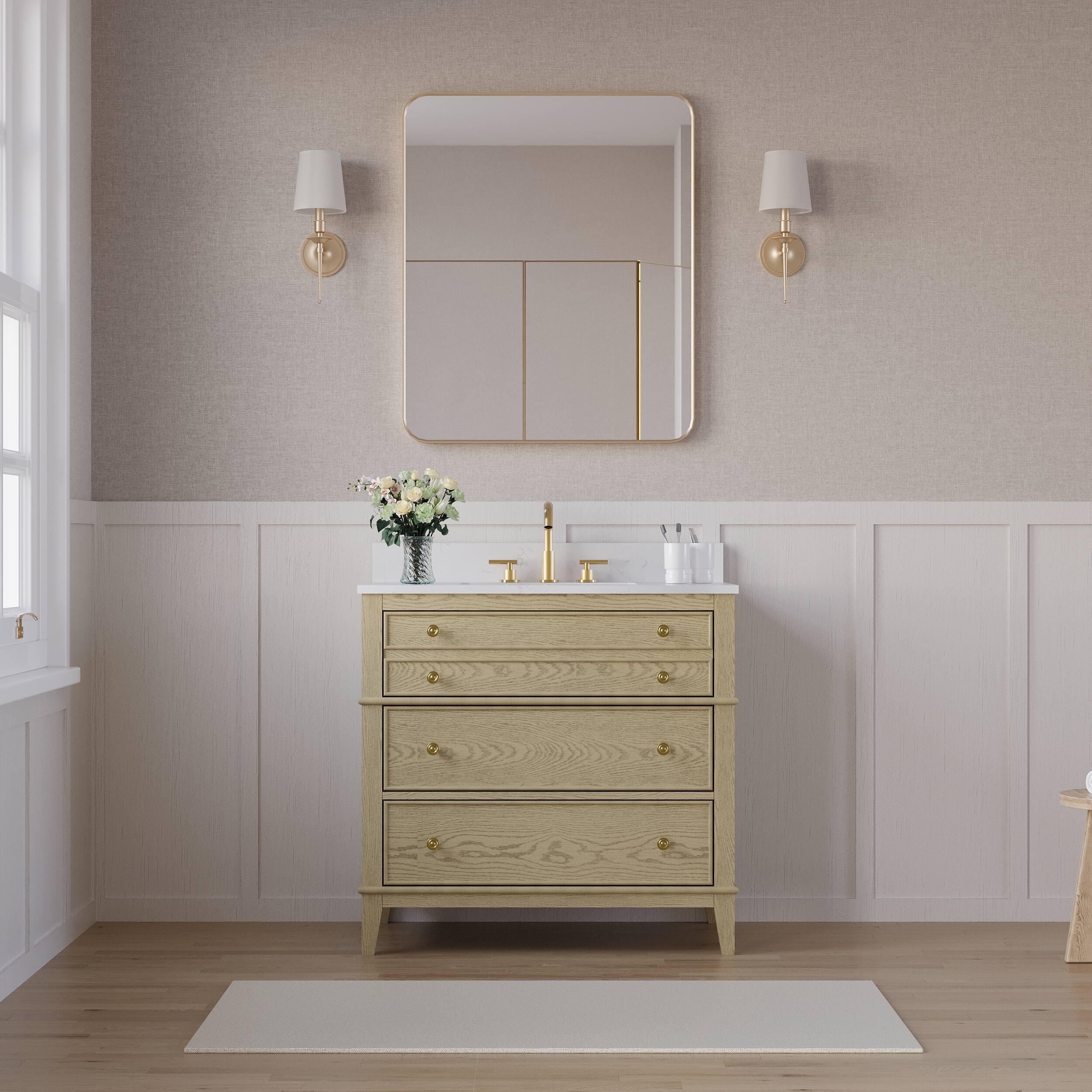 Alt View 7. WELLFOR - MEGAN 36 in. Freestanding Solid Wood Bath Vanity with Quartz Top, Single Sink, Soft Close, Assembled - OAK.