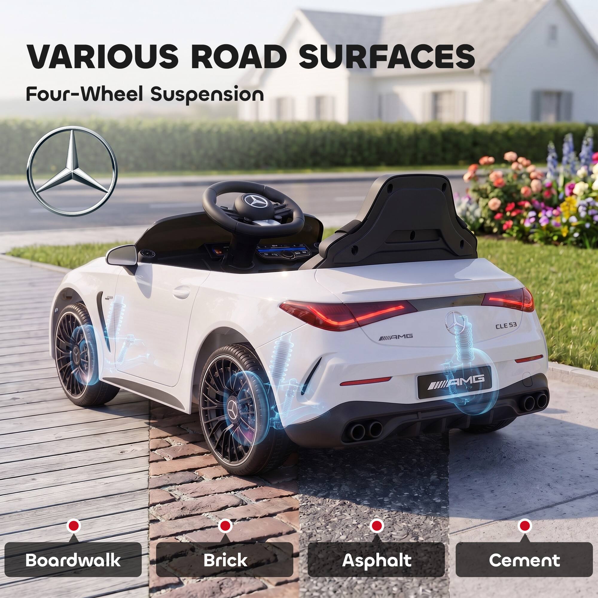 VARIOUS ROAD SURFACES  
Four-Wheel Suspension

Boardwalk  
Brick  
Asphalt  
Cement