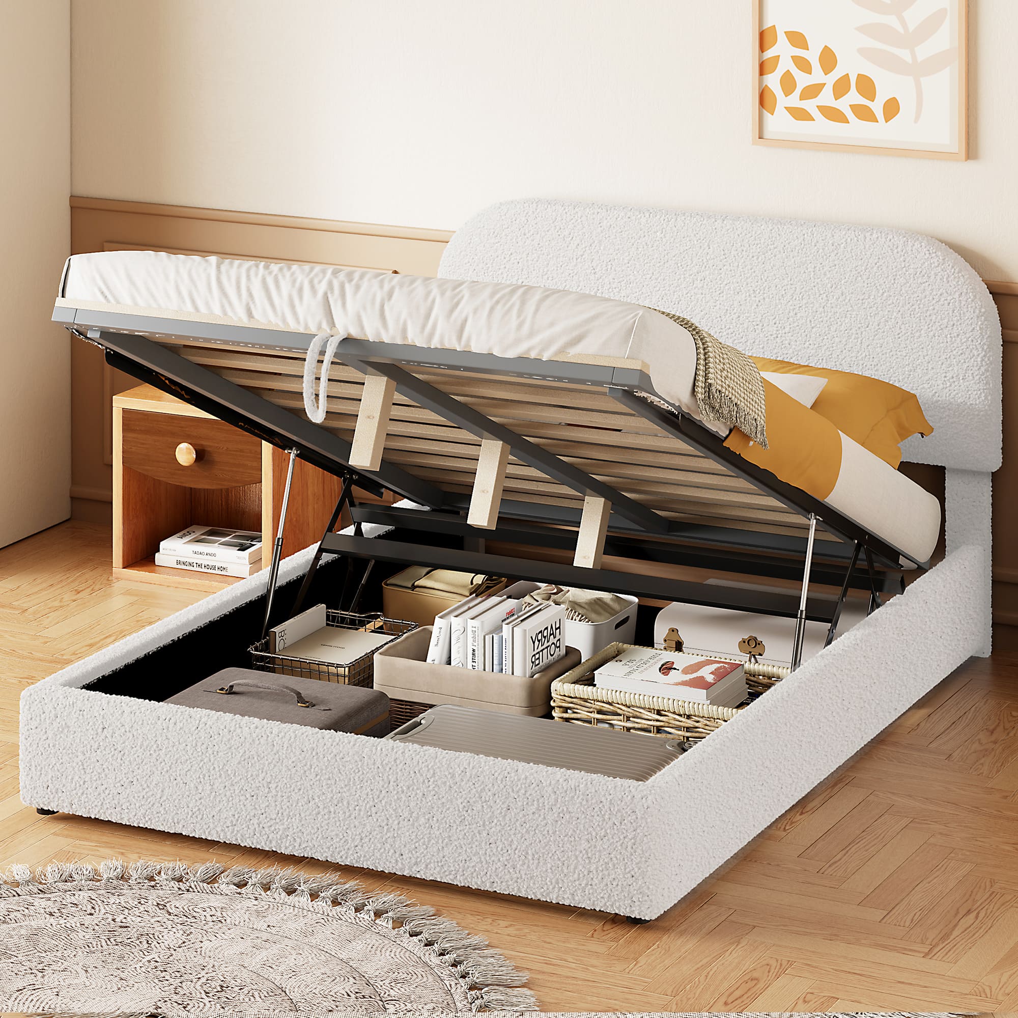 Tiramisubest - Teddy Fleece Full  Size Upholstered Platform Bed with Hydraulic Storage System, White - White