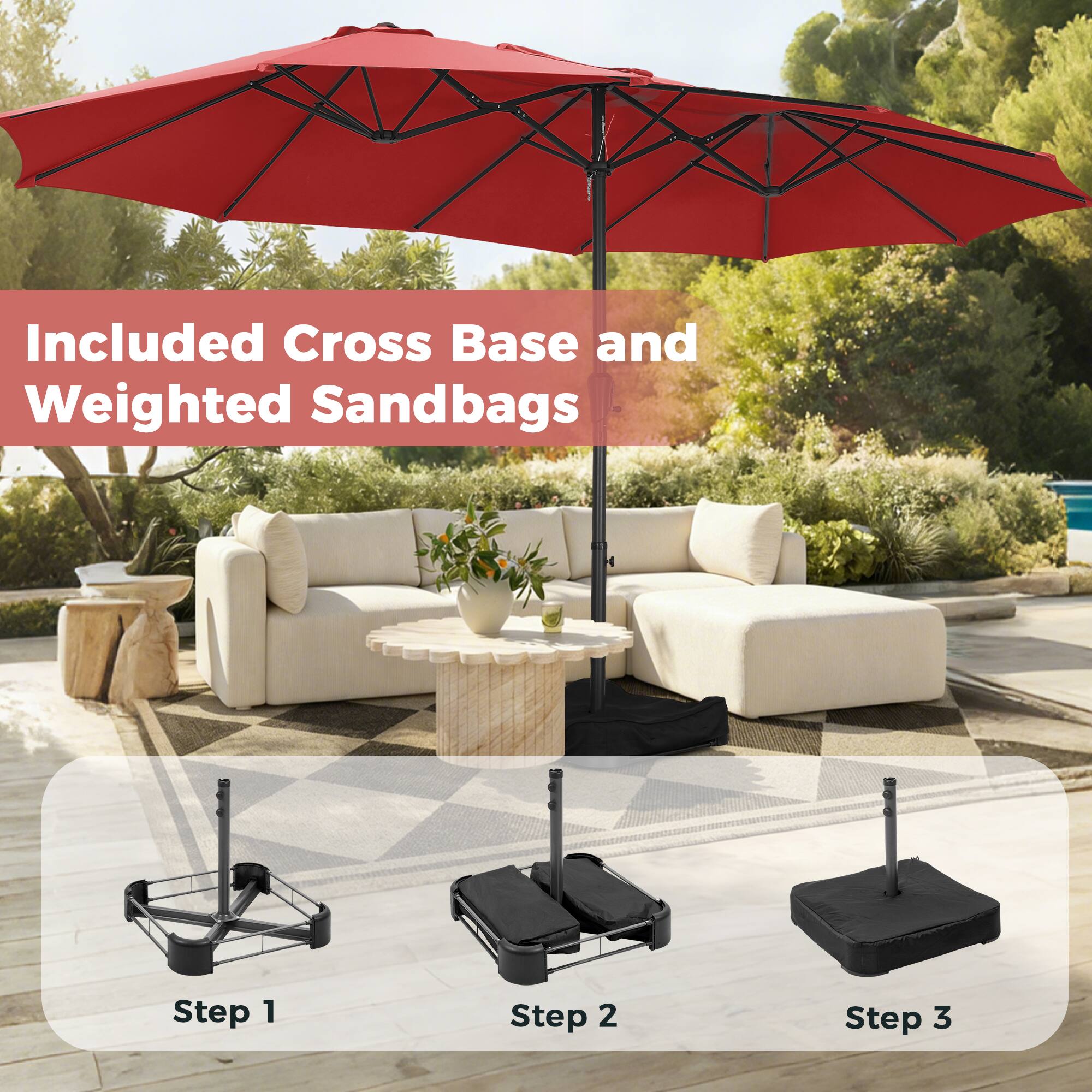 Included Cross Base and Weighted Sandbags

Step 1

Step 2

Step 3