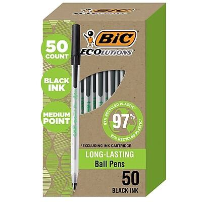 BIC ECOLOUTIONS
50 COUNT
BLACK INK
MEDIUM POINT
RECYCLED PLASTIC
97% RECYCLED PLASTIC
97% RECYCLED EXCLUDING INK CARTRIDGE
LONG-LASTING Ball Pens
50 BLACK INK