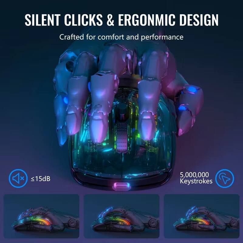 SILENT CLICKS & ERGONOMIC DESIGN  
Crafted for comfort and performance  

≤ 15dB  
5,000,000 Keystrokes