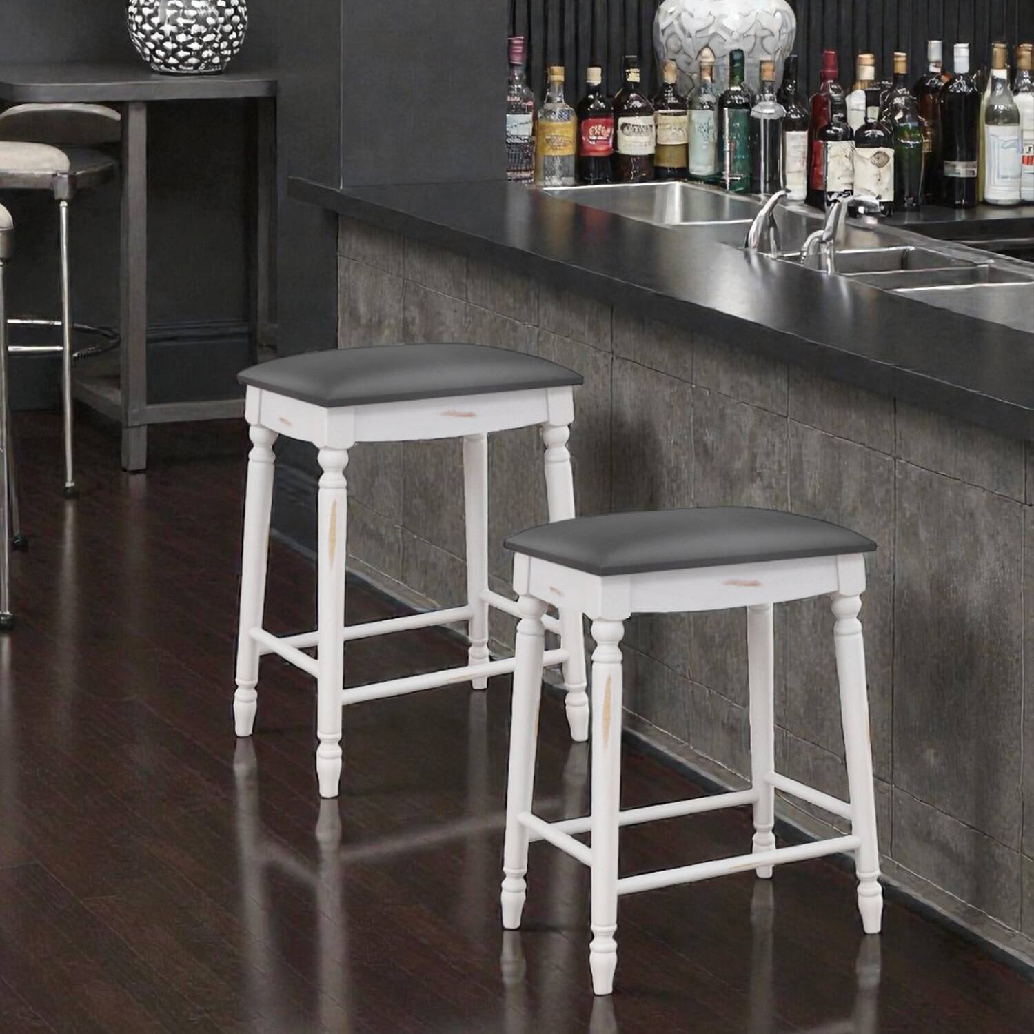 Front. Hivvago - Set of 2 Bar Stools with Cushioned Seats and Wooden Legs - 24 inches - Gray & White.