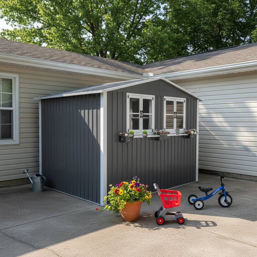 Back. Anysun - 6x9 FT Outdoor Metal Storage Shed with Window & Flower Rack – Lockable Double Doors Tool Shed, Waterproof Weatherproof - Gray.