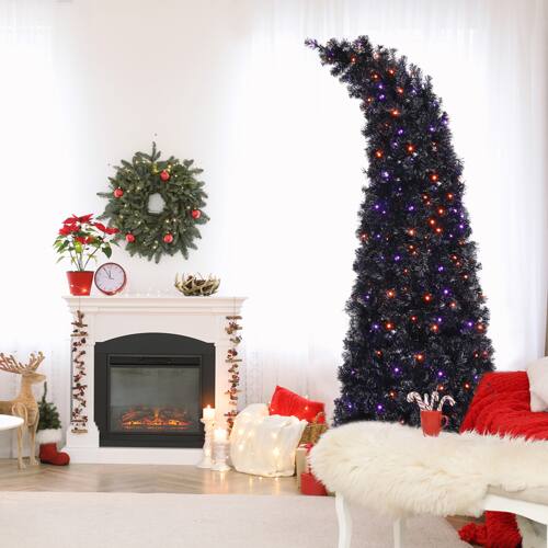 Alt View 7. Winado - 7FT Christmas Tree Bendable, Wizard Hat Shape Artificial with 400 LED Lights Bent for Indoor Party Holiday Decoration - Purple and Orange.