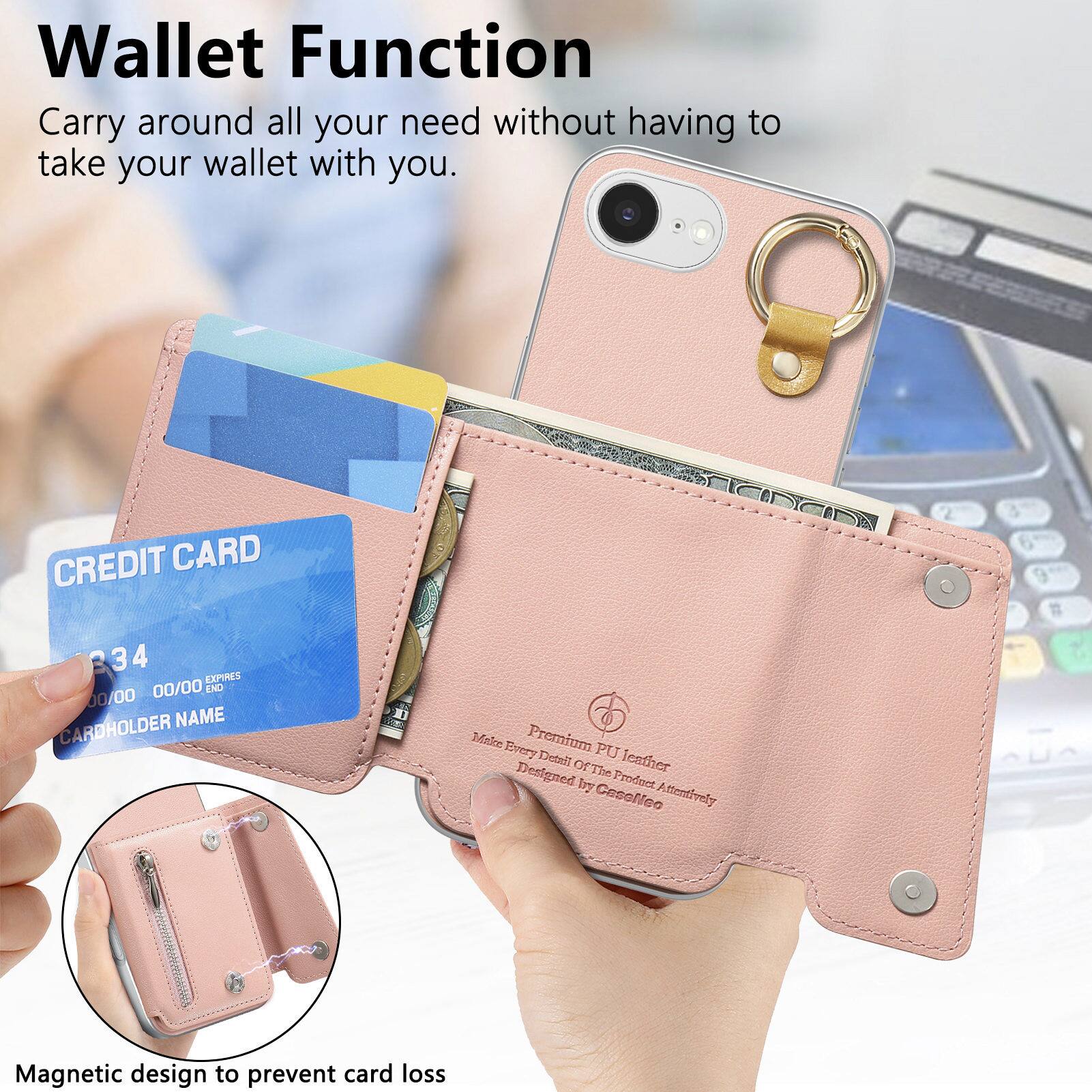 Wallet Function  
Carry around all your need without having to take your wallet with you.

CREDIT CARD  
34  
EXPIRES 00/00  
END 00/00  
CARDHOLDER NAME

Premium PU leather  
Every Detail Of The Product Designed Attentively  
by Caselleo

Magnetic design to prevent card loss