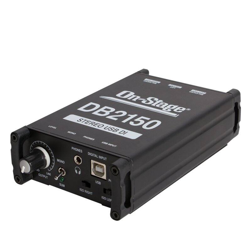 On-Stage DB2150 STEREO USB DI  
LEVEL MONO PHONES DIGITAL INPUT  
OUTPUT LINE SUM USB  
PHONES DIGITAL INPUT MONO OUTPUT LINE SUM  
USB  
PHONES  
MONO  
OUTPUT  
SUM  
ISO RIGHT  
ISO LEFT