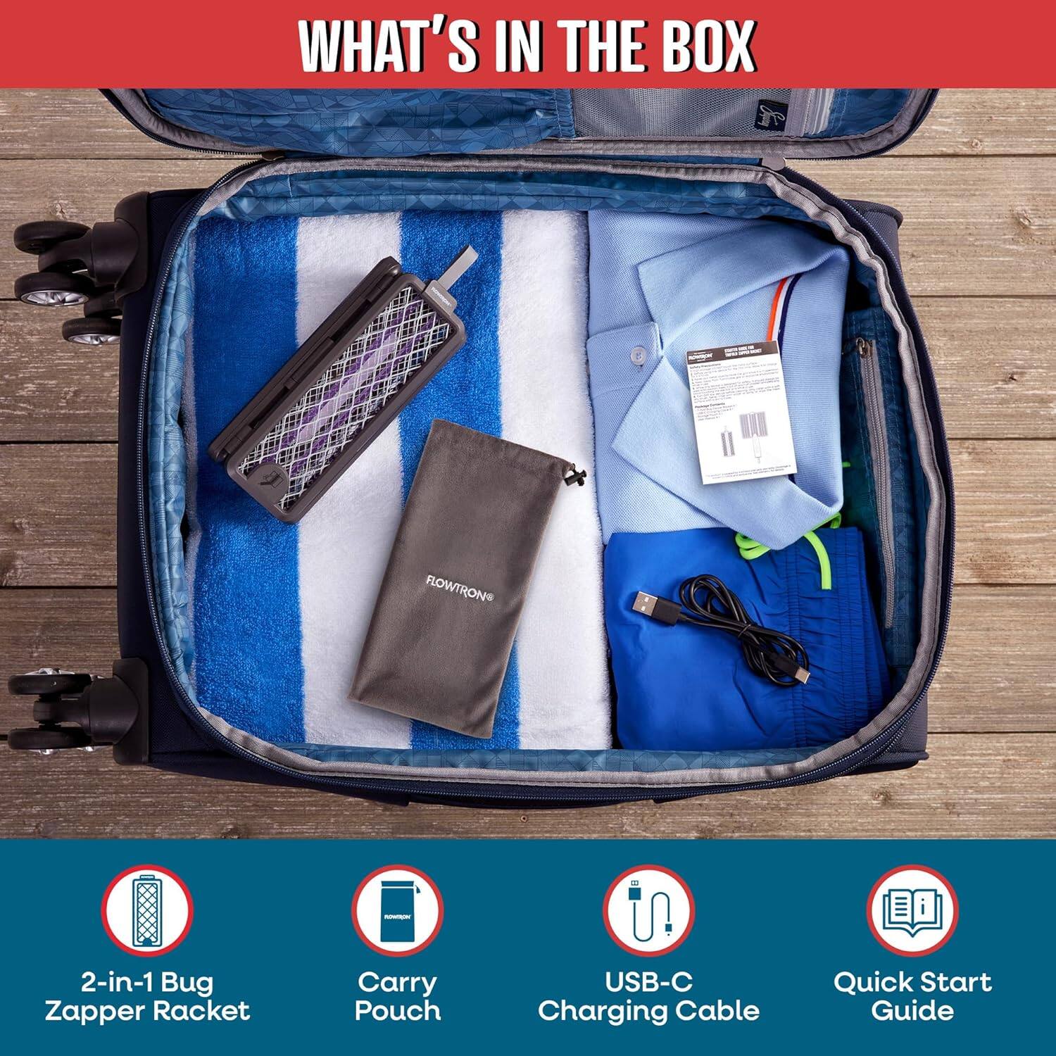 WHAT'S IN THE BOX

- 2-in-1 Bug Zapper Racket
- Carry Pouch
- USB-C Charging Cable
- Quick Start Guide