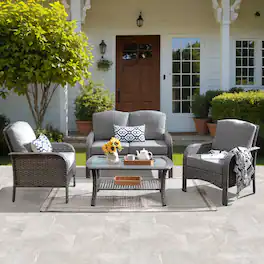 Ovios - 4 PCS Patio Furniture Set, Outdoor Wicker Sofa with Armchairs & Coffee Table for Garden - Dark Gray