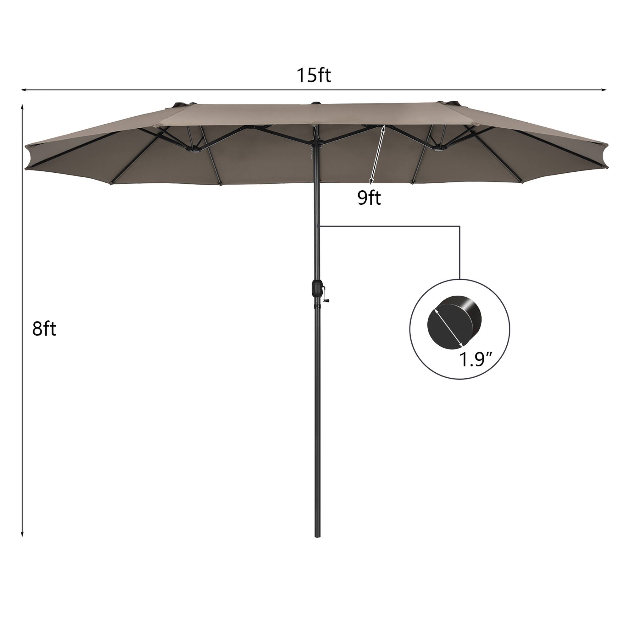 The text on the image reads: "15ft 9ft 8ft 1.9" which indicates the heights of the umbrella pole in feet and inches.
