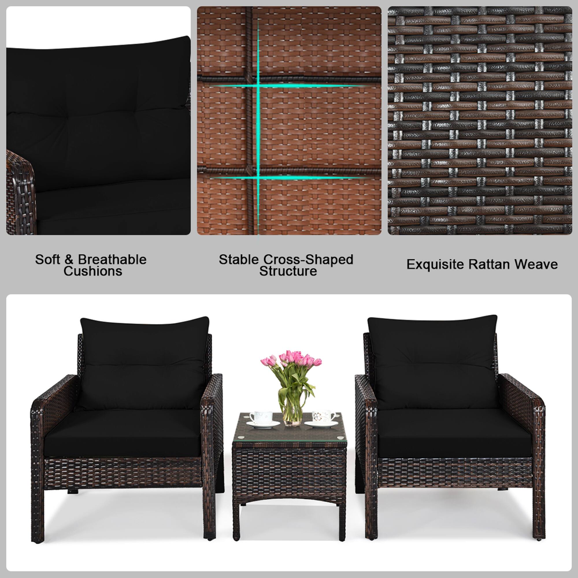 Soft & Breathable Cushions, Stable Cross-Shaped Structure, Exquisite Rattan Weave