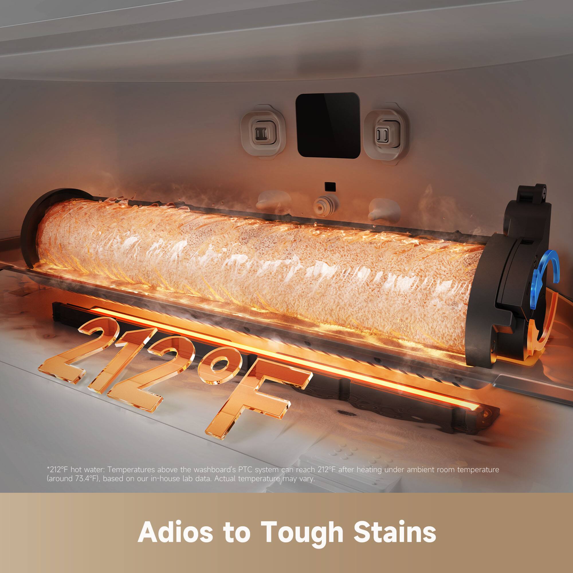 212°F hot water: Temperatures above the washboard's PTC system can reach 212°F after heating under ambient room temperature (around 75.4°F), based on our in-house lab data. Actual temperature may vary.

Adios to Tough Stains