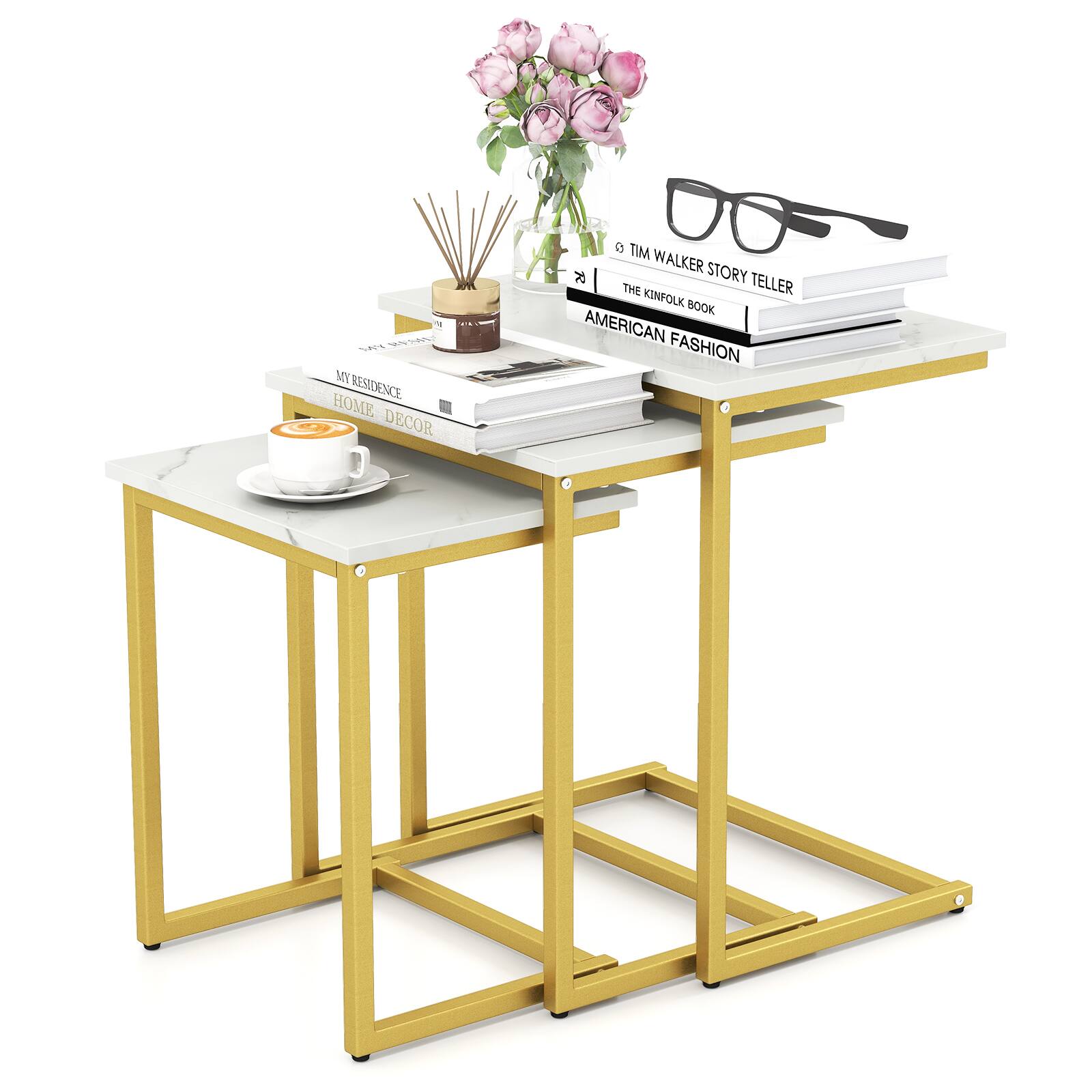 Gymax - 3 PCS Nesting Coffee End Table Set Stacking Side Nightstand Living Room - White