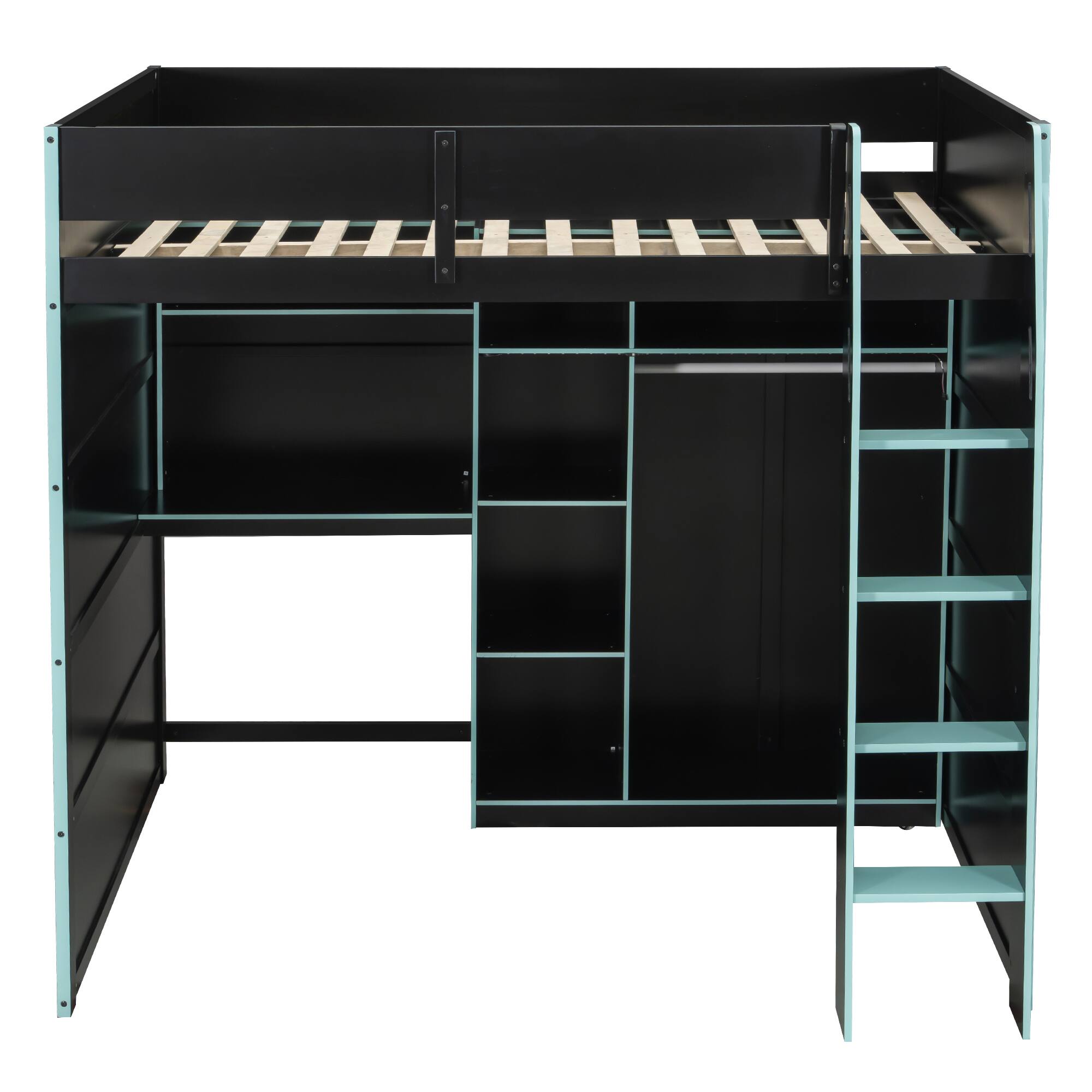 Left. Anysun - Full Size Wood Loft Bed with Desk,Open Wardrobe,Storage Compartments and RGB Lights - Blue.