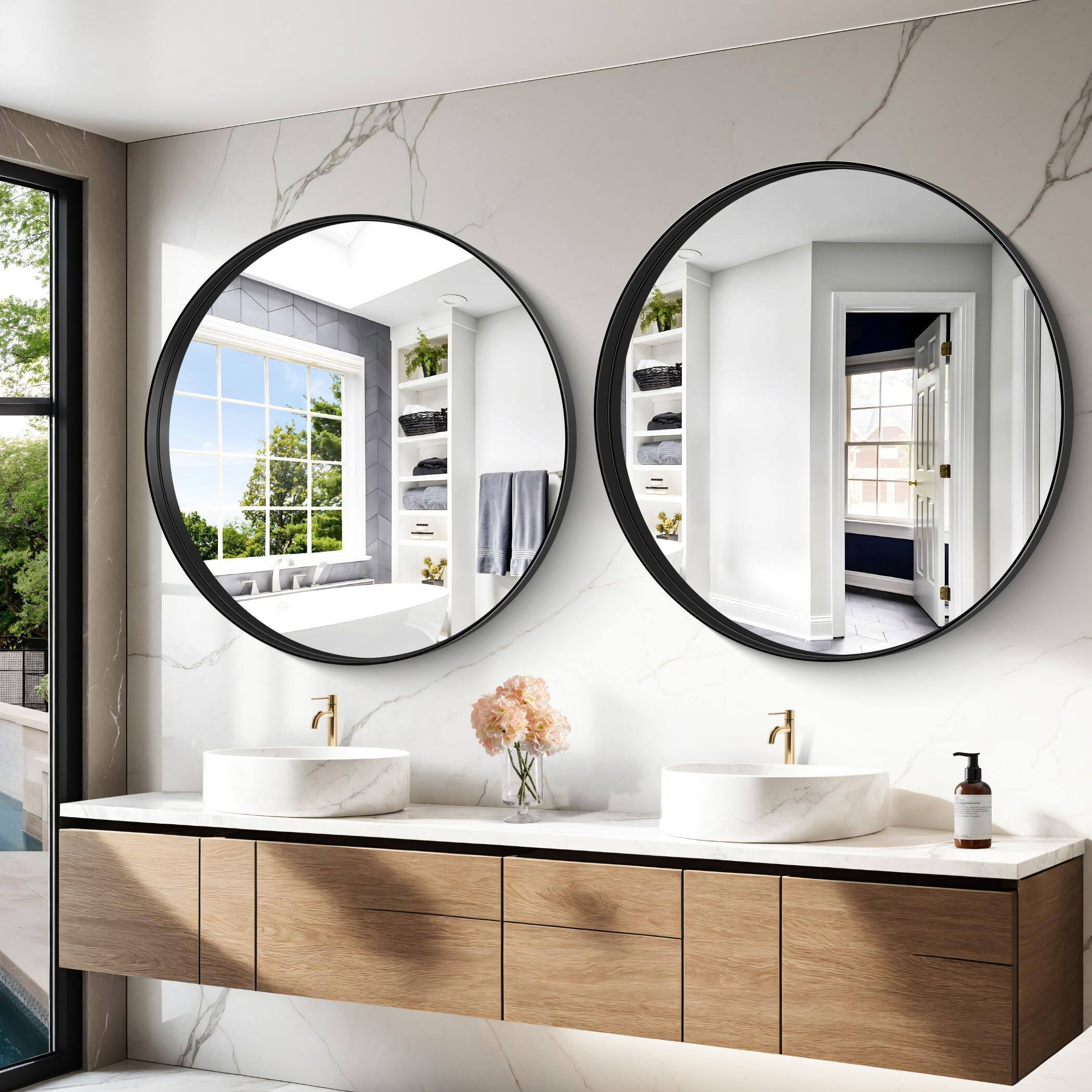 Alt View 4. VEGA AUTOMOTIVE - Round Mirror Deep Frame Circle Metal Bathroom Mirrors For Wall Entryway Washroom Bedroom Living Room Hallway - Black Deep Frame 42"L x 42"W.
