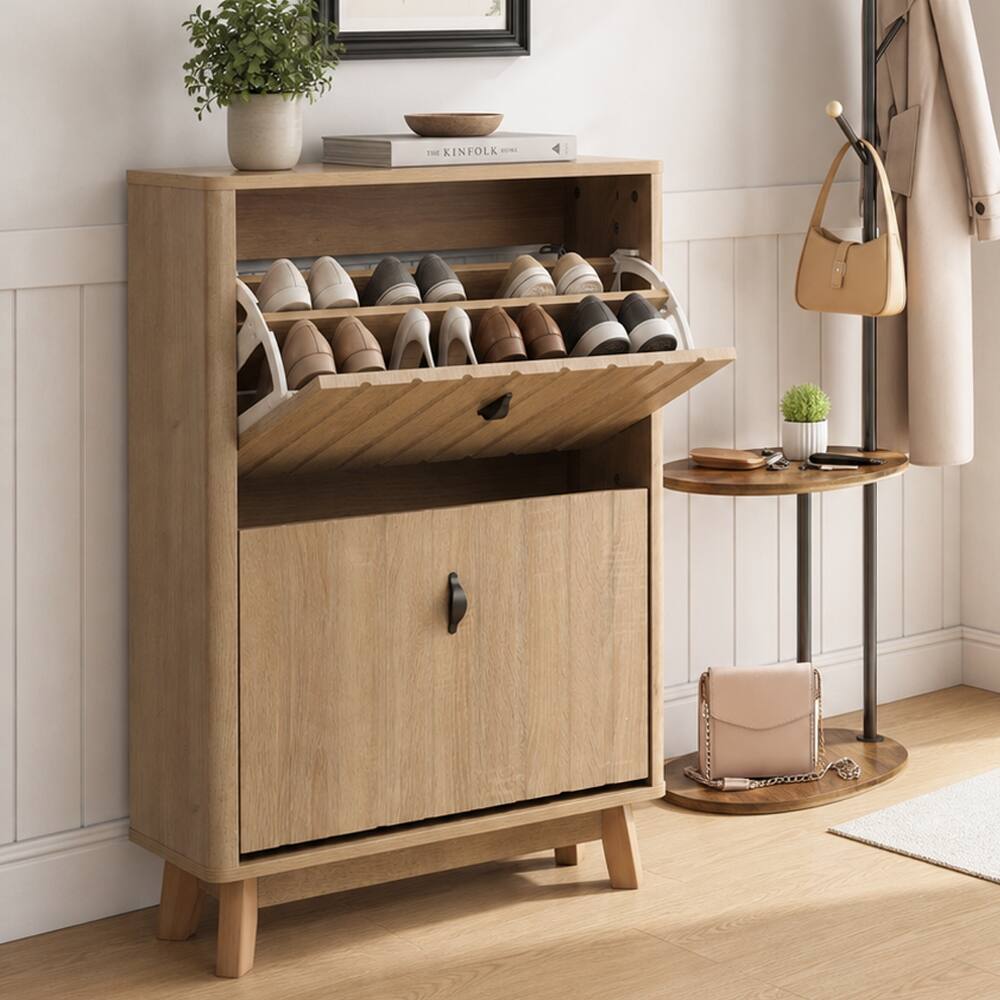 Back. Loheer - Loheer 23.6 inch entryway shoe cabinet, ultra thin flip down shoe rack in oak finish - Oak.