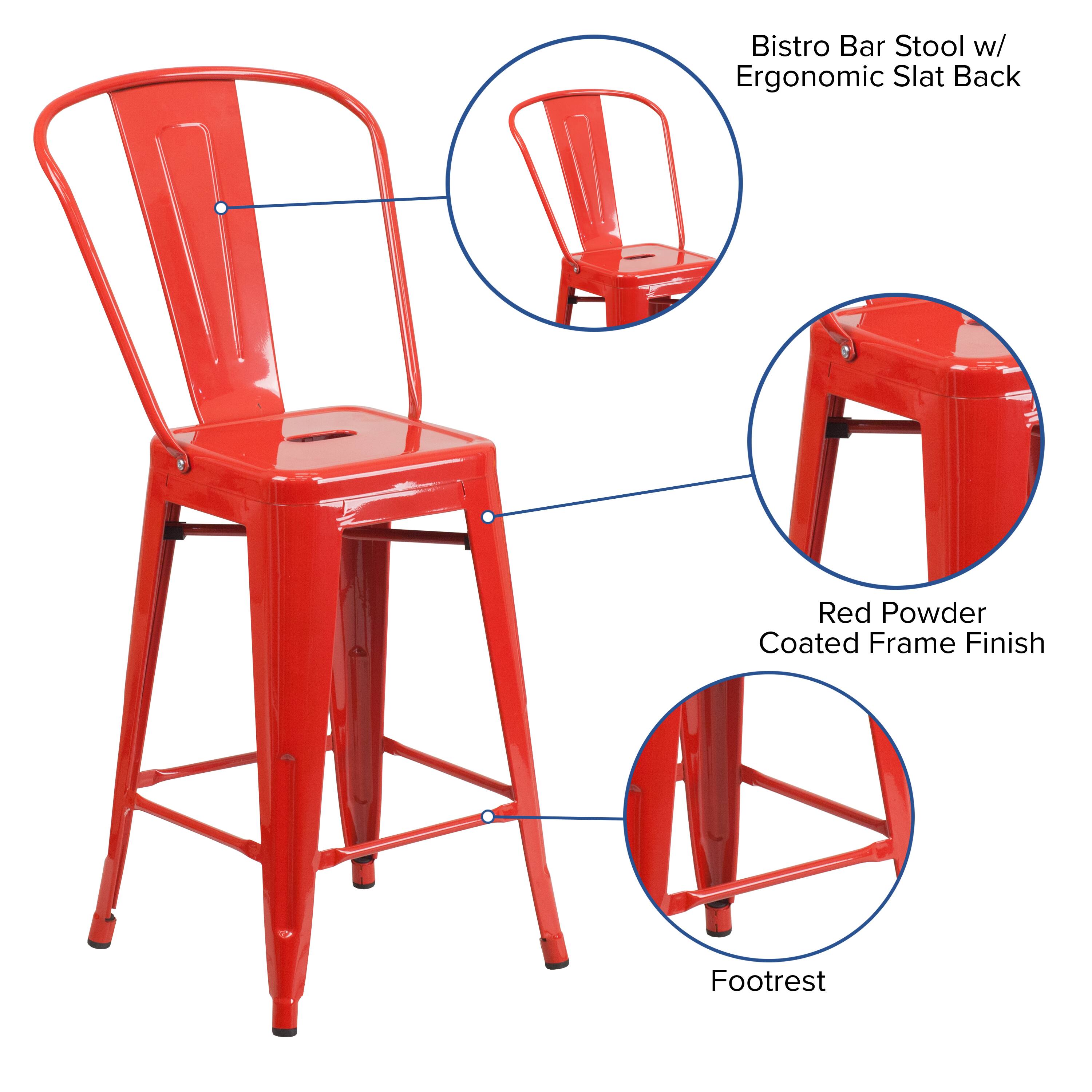 Bistro Bar Stool w/ Ergonomic Slat Back  
Red Powder Coated Frame Finish  
Footrest