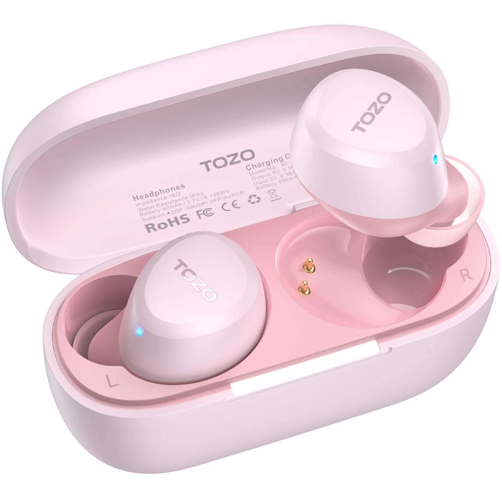 TOZO - A1 Wireless Earbuds, Bluetooth 5.3, Lightweight, IPX5, 2 Mic AI Calls, Premium Sound Bass, 32 EQs, Charging Case - Rose Gold
