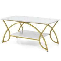 Costway Coffee Table Modern Marble 2-Tier Coffee Table  Gold Rectangle for Living Room - White and Gold - Front_Zoom