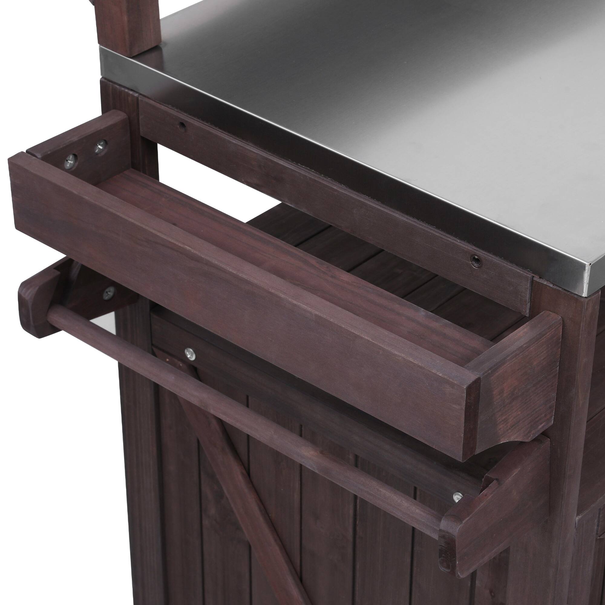 Alt View 1. PexFix - 53.3" Outdoor Kitchen Island with Raised Shelf & Stainless Top, Wood Grill Cart with Adjustable Shelf & Spice Rack - Brown.