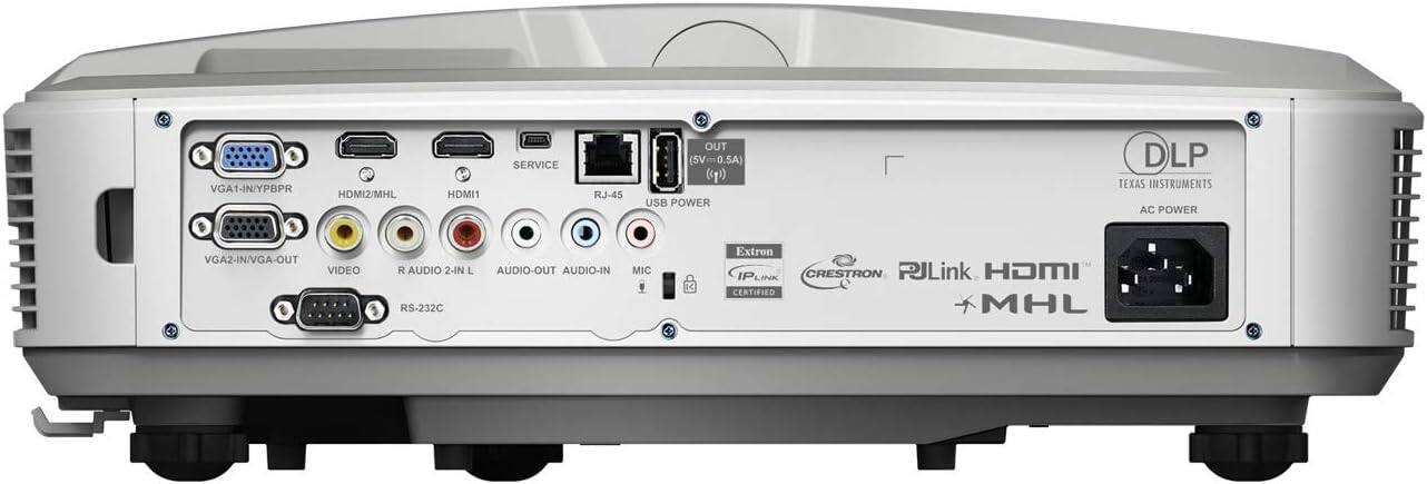 - VGA1-IN/YPBPR
- HDMI2/MHL
- HDMI1
- SERVICE
- RJ-45 OUT (5V-0.5A)
- USB POWER
- DLP TEXAS INSTRUMENTS
- AC POWER
- VGA2-IN/VGA-OUT
- VIDEO
- R.AUDIO 2-IN L
- RS-232C
- AUDIO-OUT
- AUDIO-IN
- MIC
- Extron
- IP.LINK
- CRESTON
- PJLink
- HOMI
- CERTIFIED
- MHL