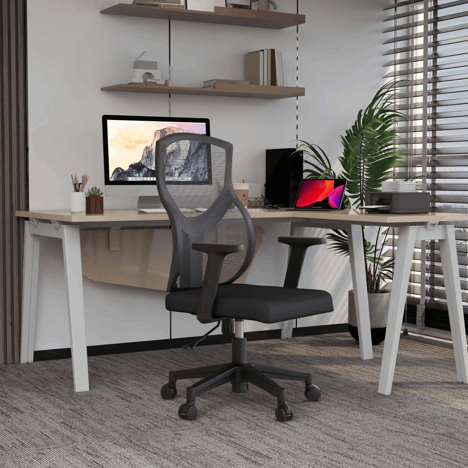 Angle. LeisureMod - Glen Office Chair Upholstered Cotton Mid-Back Mesh Computer Chair with Adjustable Height, Swivel and Tilt - Light Grey.