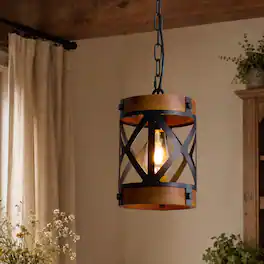 Siljoy - 7-In Industrial Cage Pendant Light Black Wood Grain Lantern E26 Adjustable Height Kitchen Dining Entryway - Brown