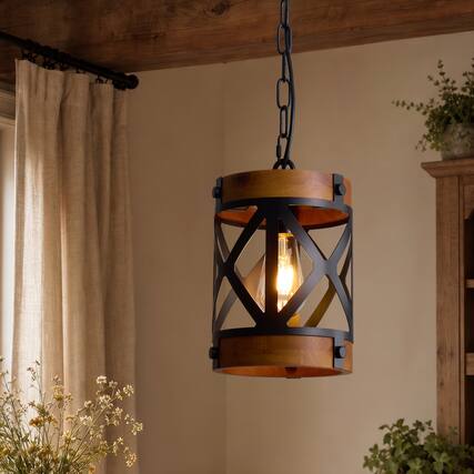 Front. Siljoy - 7-In Industrial Cage Pendant Light Black Wood Grain Lantern E26 Adjustable Height Kitchen Dining Entryway - Brown.