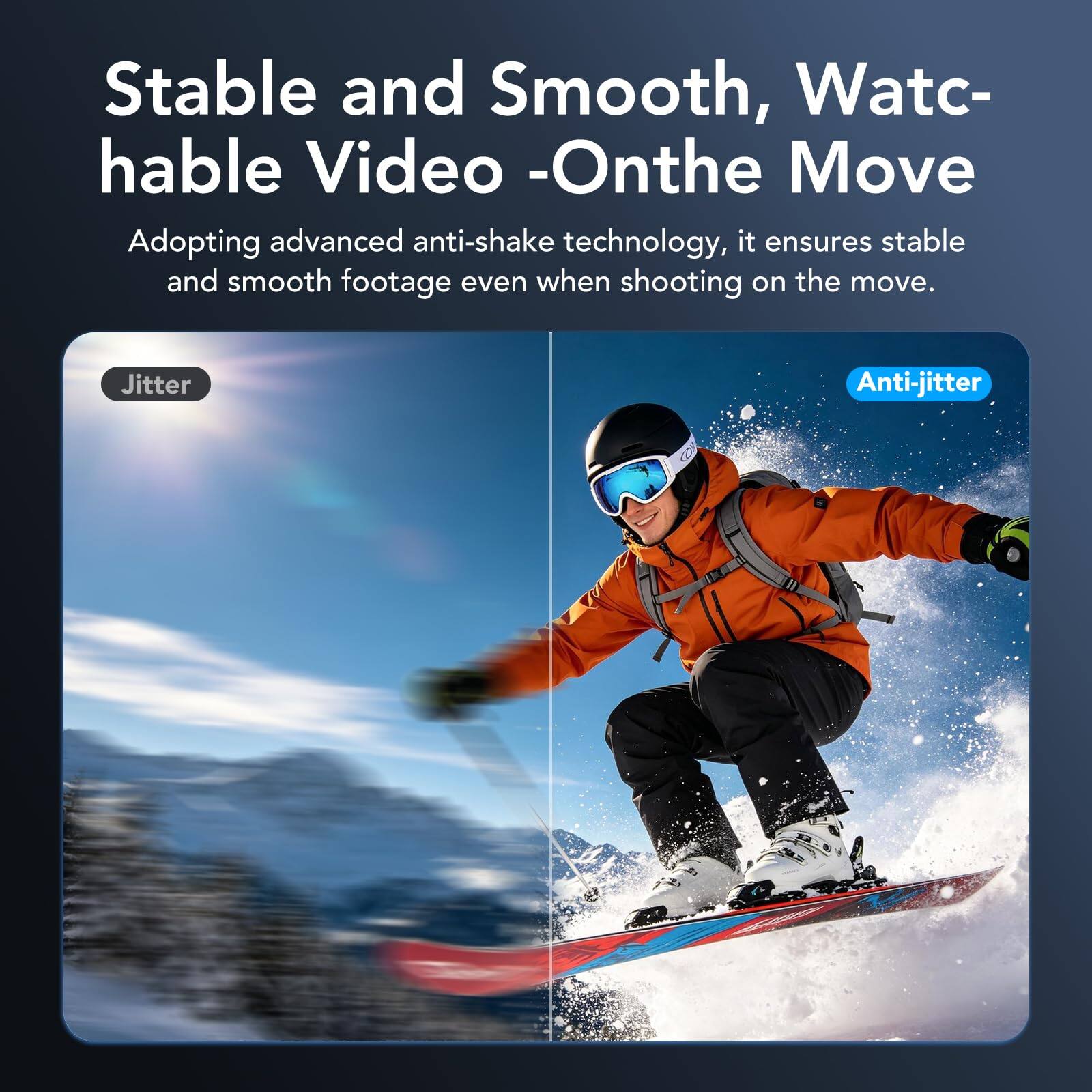 Stable and Smooth, Watchable Video - On the Move

Adopting advanced anti-shake technology, it ensures stable and smooth footage even when shooting on the move.

Jitter

Anti-jitter