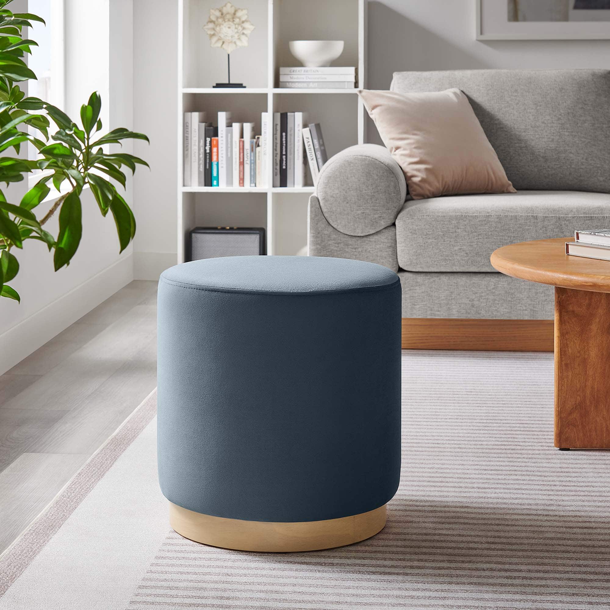 Tilden 16" Round Performance Velvet Upholstered Ottoman by Modway - Cadet Blue Natural