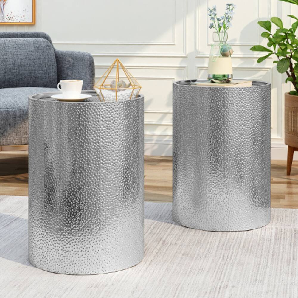 Front. Loheer - Loheer Modern Silver Hammered Metal Side Table Set of 2 Cylindrical Iron Accent End Tables No Assembly Required - Silver.