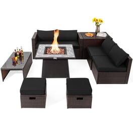 Kadyn - 9 Pcs Patio PE Wicker Sectional Set with 50000 BTU Fire Pit Table- Patio Seating Conversation - Black