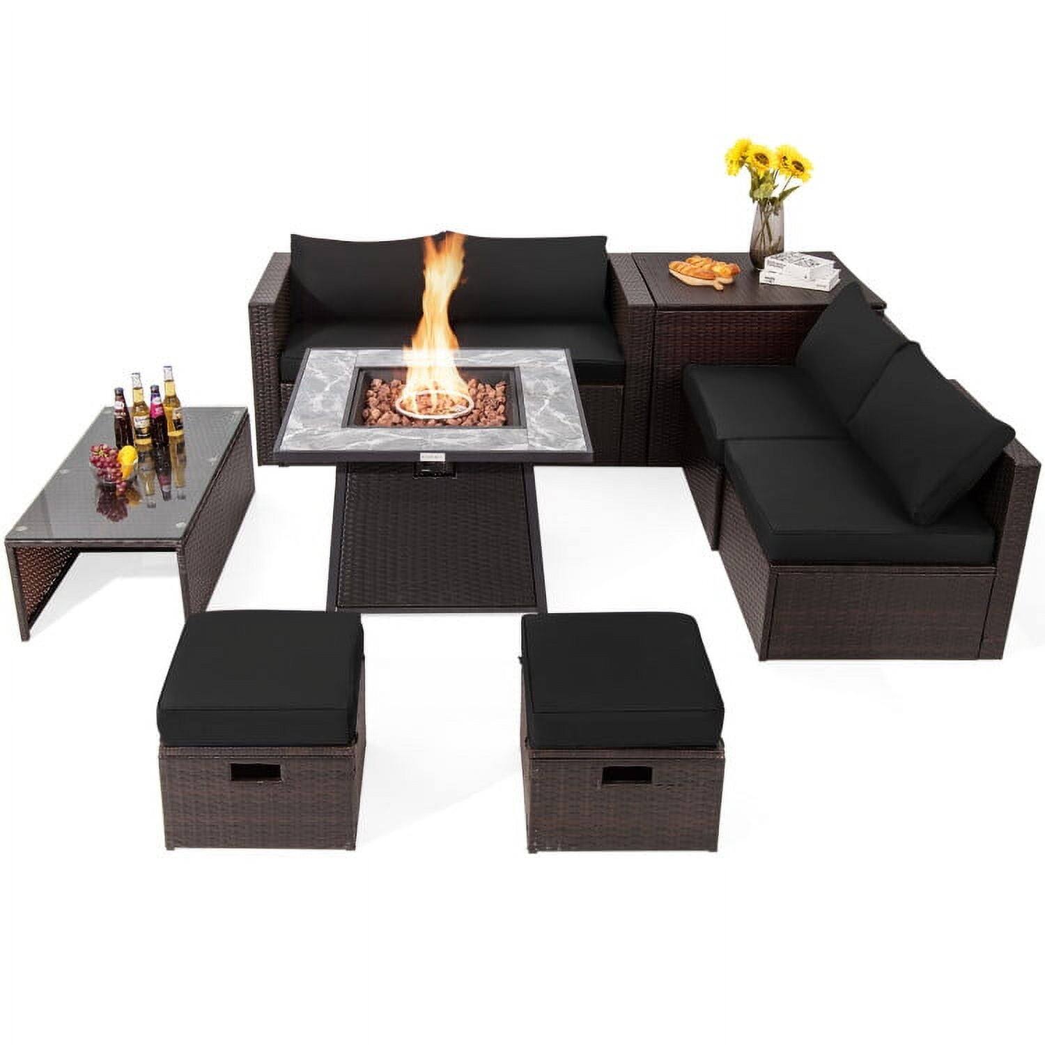 Front. Kadyn - 9 Pcs Patio PE Wicker Sectional Set with 50000 BTU Fire Pit Table-Black, Patio Seating Conversation - Black.