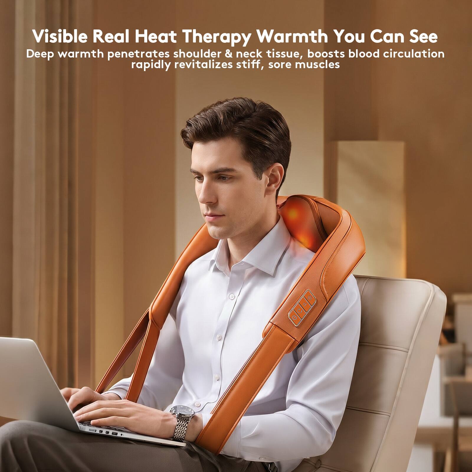 Visible Real Heat Therapy Warmth You Can See  
Deep warmth penetrates shoulder & neck tissue, boosts blood circulation rapidly revitalizes stiff, sore muscles
