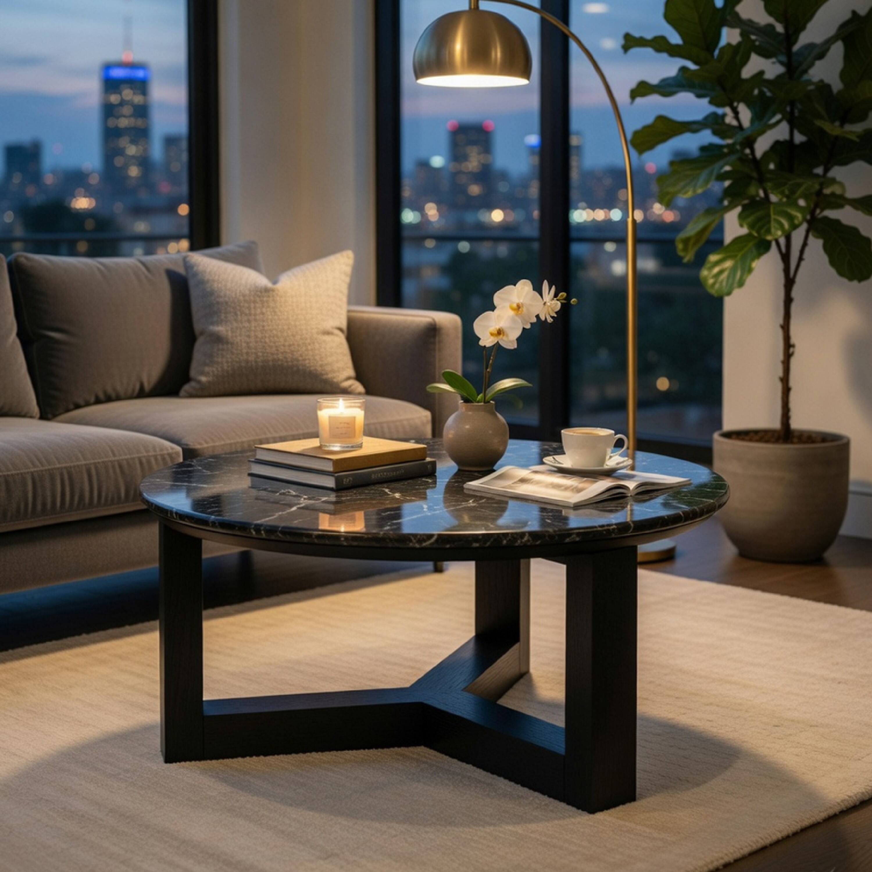 Alt View 7. Manhattan Lane - Kia Coffee Table, Round Marble Top, Three Leg Wood Base,24 Inch - Black.