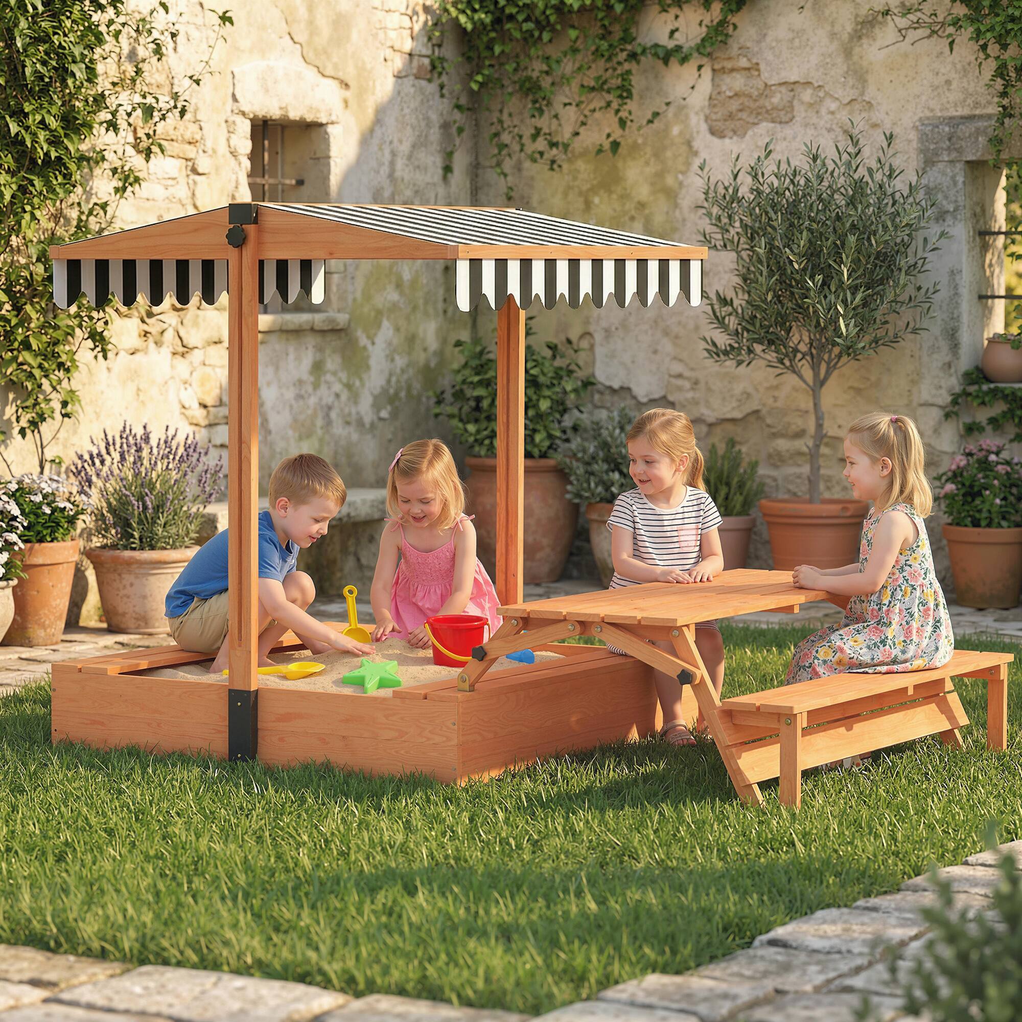 Alt View 1. Qaba - Sandbox with Lid, Wooden Sand Pit with Canopy, Foldable Picnic Table, Bench Seats, Bottom Liner - Brown.