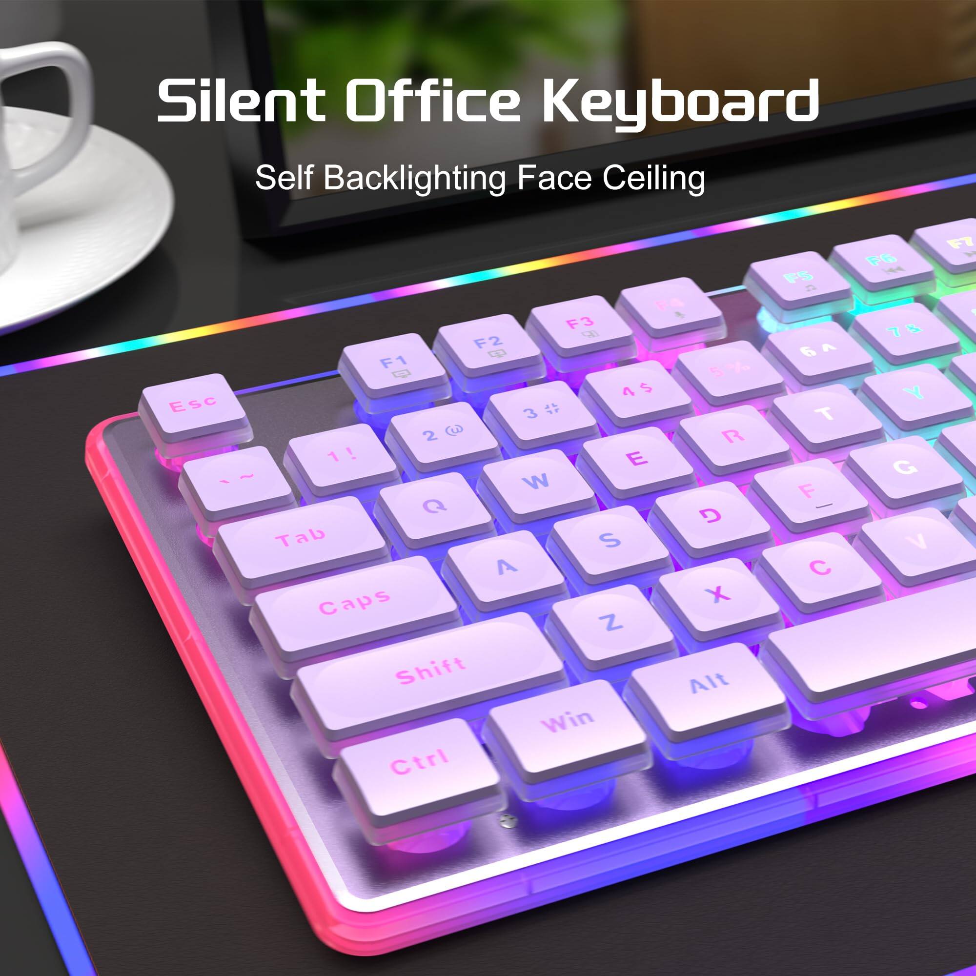 Silent Office Keyboard  
Self Backlighting Face Ceiling  

Esc F1 F2 F3 F4 F5 F6 F7  
1! 2@ 3# 4$ 5% 6^ 7& 8* 9( 0)  
Q W E R T Y U I O P  
A S D F G H J K L ; '  
Z X C V B N M , . /  
Tab Caps Shift Win Alt Ctrl