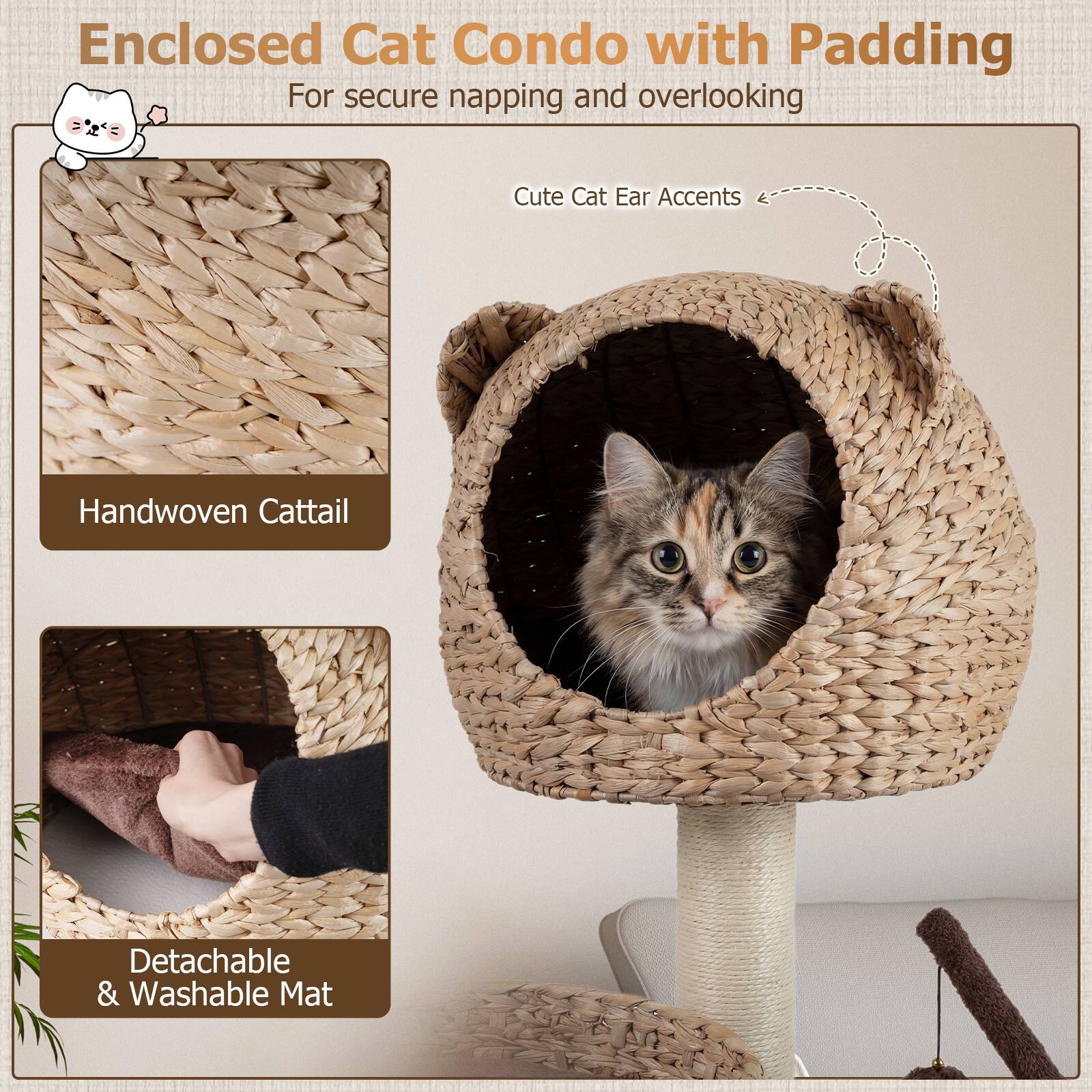 Enclosed Cat Condo with Padding  
For secure napping and overlooking  

- Handwoven Cattail  
- Cute Cat Ear Accents  
- Detachable & Washable Mat